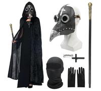 Adult Halloween Costume Men, Plague Doctor Outfit, Plague Doctors Mask Steampunk Bird Mask with Gloves, Hooded Cloak, Full Face Covering, Cane, Cross Necklace for Men Halloween Costumes Retro Cosplay