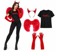 Adult Halloween Devil Fancy Dress Set Black Tee Red Wings Horns Gloves | Devil halloween set, black graphic tee, red wings, red horned headband, red long gloves, adult sizes S to XXL
