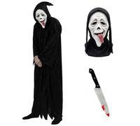 Adult Halloween Horror Robe Costume Set with Face Mask and Prop Knife | Hooded black robe, eerie face mask, blood-effect prop knife, 3-piece Halloween set, adult sizing, Small to XX-Large fit