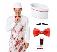 Adult Halloween Ice Cream Man Costume Set Apron Hat Bow Tie Blood | 5 piece set, apron, hat, bow tie, fake blood, spiv tash, ice cream man, halloween, horror costume