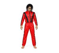 Adult Halloween Thriller Zombie Costume Jacket Trousers Wig Face Paint | red and black jacket and trousers, black curly wig, green face paint pot, adult zombie costume, Halloween fancy dress