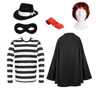 Adult Hamburger Thief Costume - Large - Includes Hat, Cape, Mask, Red Wig, Top, and Tie - Fast Food Fancy Dress