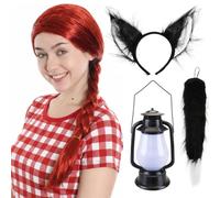 Adult Haunted House Cat Costume Accessory Set - Red Plait Wig, Big Cat Tail, Cat Ears Headband & Lantern Prop - Spooky Halloween Cosplay Outfit for World Book Day Costume Parties & Themed Events