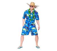 Mens Hawaiian Party Guy Blue Shirt & Shorts Beach Lei Summer Novelty Fancy Dress