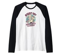 Adult Humor Cat Riding a Unicorn Giddy Up There's Chaos Raglan Baseball Tee