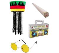 Adult Jamaican African Beach Summer Party Jamaica Festival Fancy Dress Bob Marley Rasta Hat, Fake Spliff, Glasses & Boom Box | Rastaman Caribbean