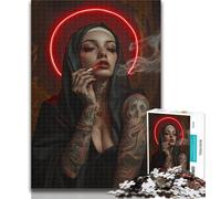 Adult Jigsaw Beautiful Tattooed Nun Jigsaws 1000 Pieces for Adults,with Fully Interlocking Randomly Shaped Pieces for And 14 Years Old 26x38cm