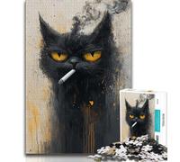 Adult Jigsaw Black Cat Smoking 1000 Piece Jigsaw Puzzles for Adults,Interesting Stress Reduction Parent-child Interaction (26x38cm)