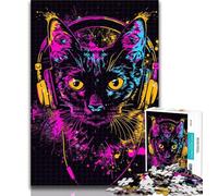 Adult Jigsaw Cat with Headphones Sunglasses Jigsaws 1000 Pieces for Teenagers,Stress Reliever Difficult Challenge Enhance Love between Couples 50x75cm