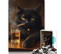 Adult Jigsaw Drinking Black Cat 1000 Piece Jigsaw Puzzles for Adults,Interesting Stress Reduction Parent-child Interaction 26x38cm