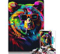 Adult Jigsaw Neon Bear with Sunglasses Jigsaw Puzzles for Teenagers 1000 Piece,Educational Game for Birthday, Chrismas for And 14 Years Old 26x38cm
