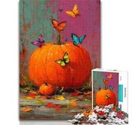 Adult Jigsaw Pumpkins And Blue Butterflies 1000 Piece Jigsaw Puzzle for Adults And Teenagers,with Matching Poster And Trivia Sheet for Age 14 50x75cm