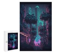 Adult Jigsaw Puzzle, 1000 PCS, Featuring Neon Cityscape with Palm Trees Artwork, A Focused Activity for Patient Adult Puzzlers, for Indoor Play