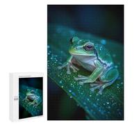 Adult Jigsaw Puzzle, 1000 PCS, with Detailed Green Tree Frog on Leaf with Dewdrops Artwork, An Engaging Indoor Activity for Quiet Evenings, at Home