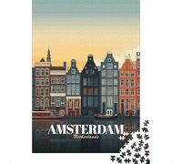 Adult Jigsaw Puzzle, 1000 Pieces, Amsterdam Netherlands Cityscape Illustration, 52x38cm/1000pcs, Shared Puzzle Activity, Time Around The Table And Time Together