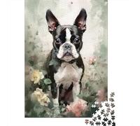 Adult Jigsaw Puzzle, 1000 Pieces, Boston Terrier Flowers, 70x50cm/1000pcs, Shared Puzzle Activity, Time Around The Table And Weekend Downtime