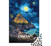 Adult Jigsaw Puzzle, 1000 Pieces, Cancun Mexico Night Landscape Illustration, 38x26cm/1000pcs, Shared Puzzle Activity, Relaxing Evenings And Couples And Families