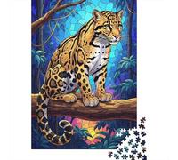 Adult Jigsaw Puzzle, 1000 Pieces, Clouded Leopard in Jungle Stained Glass, 38x26cm/1000pcs, Shared Puzzle Activity, Time Around The Table And Friends And Family