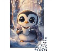 Adult Jigsaw Puzzle, 1000 Pieces, Cute Penguin with Coffee in Snowy Forest, 70x50cm/1000pcs, Idea, Screen-Free Activity And Quiet Winter Weekends
