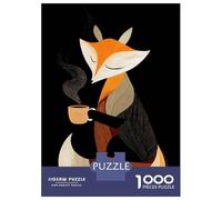 Adult Jigsaw Puzzle 1000 Pieces, Fox with Coffee Cup Illustration Artwork, Premium Puzzle Challenge, Gift for Adults, Premium Puzzle Pieces, 70x50cm/1000pcs