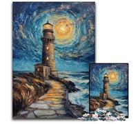 Adult Jigsaw Puzzle 1000 Pieces Lighthouse Under The Night Sky Wooden Puzzles Stress Reliever Staycation Kill Time, A Work of Art for And Age 14 50X75CM