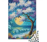 Adult Jigsaw Puzzle, 1000 Pieces, Ocean Tree Painting with Moon, 38x26cm/1000pcs, Shared Puzzle Activity, Time Around The Table And Friends And Family
