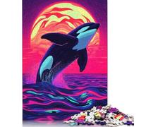 Adult Jigsaw Puzzle 1000 Pieces Orca Leaping Neon Sunset Wooden Puzzle Jigsaws for Adults Jigsaw Puzzles for Adults Teenagers 1000pcs (75x50cm)