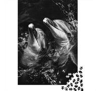 Adult Jigsaw Puzzle, 1000 Pieces, Two Dolphins in Water Black And White Photo, 38x26cm/1000pcs, Shared Puzzle Activity, Relaxing Evenings And Couples And Families