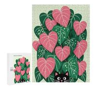 Adult Jigsaw Puzzle, 500 PCS, Featuring Black Cat Peeking Through Pink And Green Leaves Artwork, A Creative Way to Unwind after A Busy Day, for Quiet Evenings