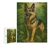 Adult Jigsaw Puzzle, 500 PCS, with Detailed German Shepherd in Lush Greenery Painting Artwork, An Engaging Indoor Activity for Quiet Evenings, at Home