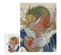 Adult Jigsaw Puzzle, 500 PCS, with Detailed Japanese Dragon Waves Cherry Blossoms Artwork, An Engaging Indoor Activity for Quiet Evenings, at Home