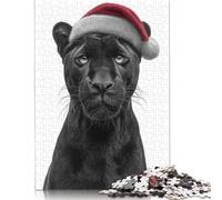 Adult Jigsaw Puzzle 500 Pieces Black Panther with Santa Hat Wooden Puzzles for Adults Educational Games 500pcs (52x38cm)