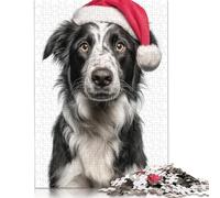 Adult Jigsaw Puzzle 500 Pieces Border Collie Dog with Santa Hat Wooden Puzzles for Adults Educational Games 500pcs (52x38cm)