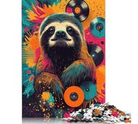 Adult Jigsaw Puzzle 500 Pieces Colorful Sloth with Vinyl Records Happy Sloth Vibes Wooden Puzzles for Adults Educational Games 500pcs (52x38cm)