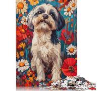 Adult Jigsaw Puzzle 500 Pieces Dog in Flower Field Shih Tzu in Wildflower Field Dog Wall Art Print Wooden Puzzles for Adults Educational Games 500pcs (52x38cm)