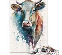 Adult Jigsaw Puzzle 500 Pieces Gentle Cow in Watercolor Puzzles Wooden Puzzles for Adults& Teenagers Age 12 Years Up 500pcs (52x38cm)