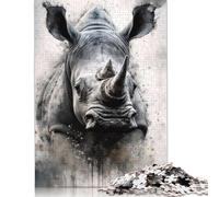 Adult Jigsaw Puzzle 500 Pieces Rhinoceros Black Ink Wooden Puzzles for Adults & Teenager Home Educational Games DIY Toys 500pcs (52x38cm)