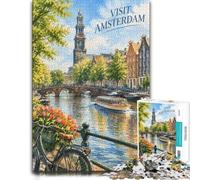 Adult Jigsaw Puzzle Amsterdam Canal Scene 1000pcs (70x50cm) Challenge | For a thoughtful indoor hobby: Adult jigsaw puzzle with 1000 pieces; for a satisfying activity at home.