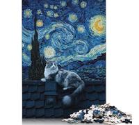 Adult Jigsaw Puzzle Cat on Roof, Starry Night Style Puzzles for Adults Puzzles Puzzle for Adults And Teenager 500pcs (52x38cm)