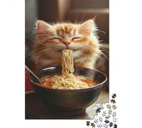 Adult Jigsaw Puzzle, Kitty's Noodle Feast -2, 1000 Pieces, 38x26cm/1000pcs; A Calm After-work Activity; White Cardboard for Cleaner Sorting