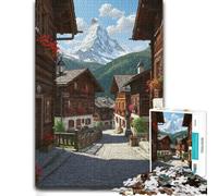 Adult Jigsaw Puzzle, Picturesque Village with Mountain Backdrop, 500 PCS