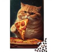 Adult Jigsaw Puzzle, Pizza Eating Cat, 1000 Pieces, 52x38cm/1000pcs, A Weekend Activity at Your Own Pace; Smooth White Cardboard Pieces