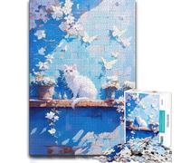 Adult Jigsaw Puzzle White Cat on Blue Wall 1000pcs (70x50cm) Challenge | A early-year puzzle challenge for a calm start to the year for calm focus.