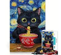 Adult Jigsaw Puzzle1000 Pieces Black Cat Eating Ramen Van Gogh Style Premium Cut Fun Mind Exercise Toy Chill Game Play Birthday Decor Gift (50x75cm)