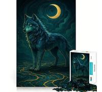 Adult Jigsaw Puzzle1000 Pieces Blue Wolf Under Crescent Moon Clean Edge Game, Focus Building Toy, Slow Play Fun, Xmas Leisure Gift (38x52cm)