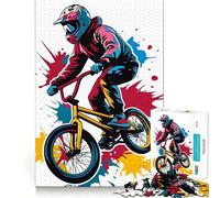 Adult Jigsaw Puzzle1000 Pieces BMX Rider with Colorful Splatter Background Clean Edge Game, Focus Building Toy, Slow Play Fun, Xmas Leisure Gift (38x26cm)