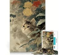 Adult Jigsaw Puzzle1000 Pieces Cat Among Chrysanthemums Vintage Art Flawless Edge Fun Mental Focus Game Quiet Fun Play Xmas Decor Gift (38x26cm)
