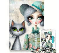 Adult Jigsaw Puzzle1000 Pieces Chic Lady And Tabby Cat Tight Cut Fun Problem Solving Toy Leisure Fun Time Birthday Decor Gift (50x75cm)
