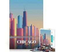 Adult Jigsaw Puzzle1000 Pieces Chicago Skyline Illustration Tight Cut Fun Problem Solving Toy Leisure Fun Time Birthday Decor Gift (38x52cm)