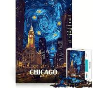 Adult Jigsaw Puzzle1000 Pieces Chicago Starry Night Cityscape Tight Cut Fun Problem Solving Toy Leisure Fun Time Birthday Decor Gift (38x26cm)